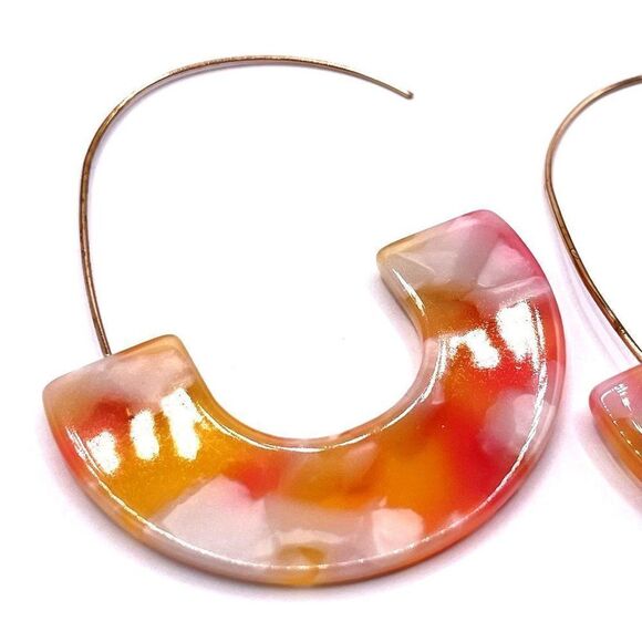 Peach with Orange C Shaped Tortoise Shell Acrylic Yellow Gold Hoop Earrings - Picture 4 of 6